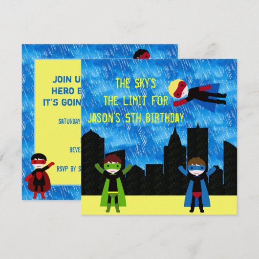 Super Hero Boys Bithday Party Kaart (Voorkant / Achterkant)
