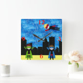 Super Hero Boys Bithday Party Vierkante Klok (Huis)