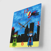 Super Hero Boys Bithday Party Vierkante Klok (Hoek)