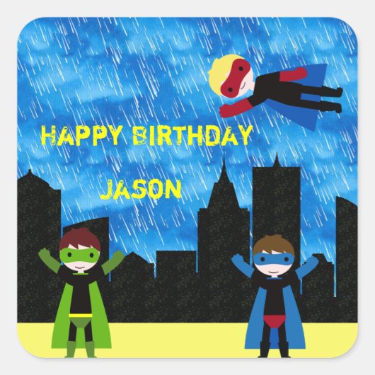 Super Hero Boys Bithday Party Vierkante Sticker (Voorkant)