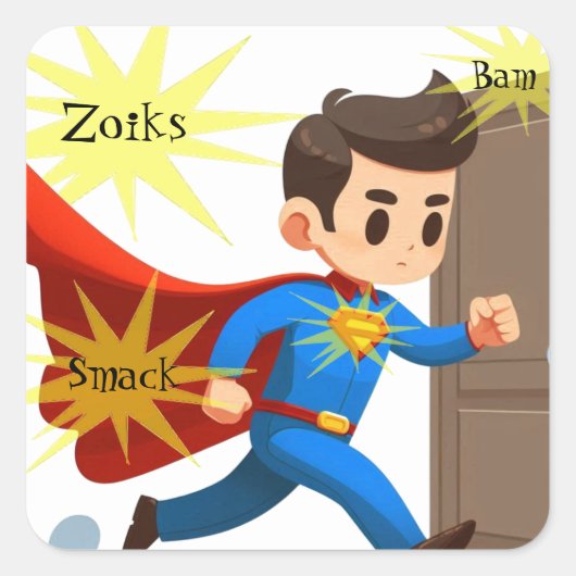 Super Hero Cartoon Guy met Action Words Vierkante Sticker (Voorkant)