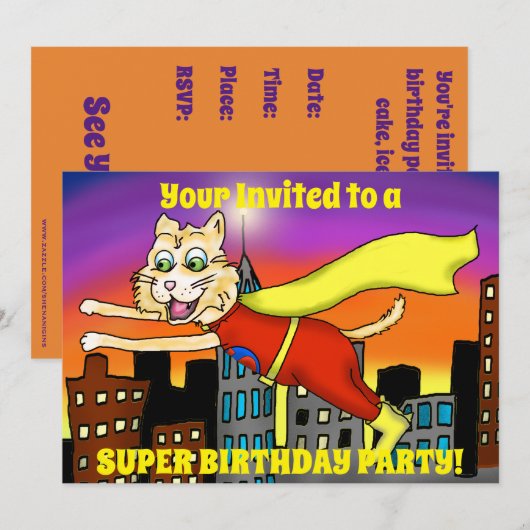 Super Hero Cat Party uitnodiging (Voorkant / Achterkant)