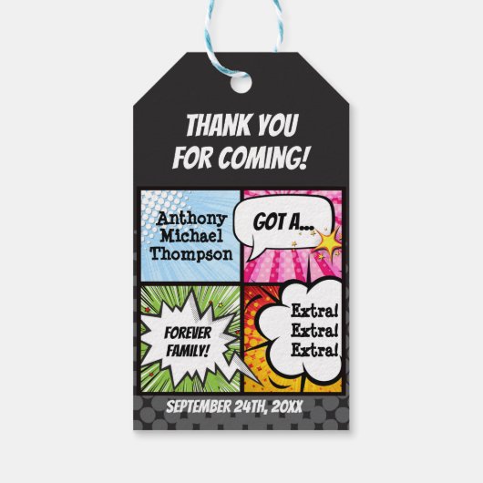 Super Hero Comic Book Adoption, Feestgunst Cadeaulabel (Achterkant)