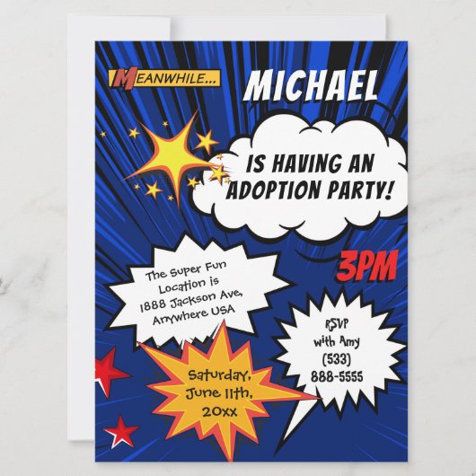 Super Hero Comic Book Adoption Party Kaart (Voorkant)