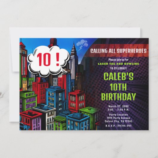 Super Hero Comic Book Stad Verjaardagsfeest Kaart (Voorkant)