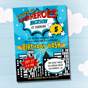 Super Hero Comic Book Style Boy Birthday Blue Kaart