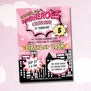 Super Hero Comic Book Style Girl Birthday Pink Kaart