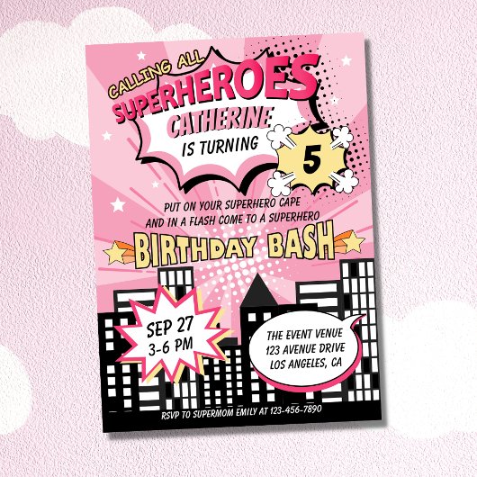 Super Hero Comic Book Style Girl Birthday Pink Kaart