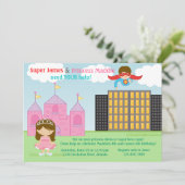 Super Hero en Princess Twins Joint Birthday Party Kaart (Staand voorkant)