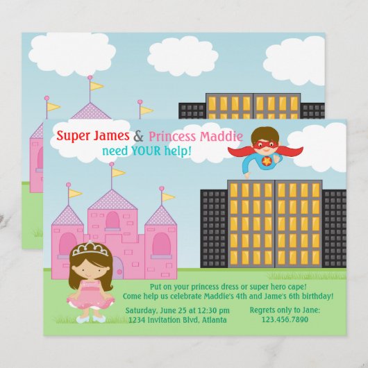 Super Hero en Princess Twins Joint Birthday Party Kaart (Voorkant / Achterkant)