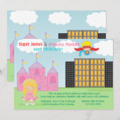 Super Hero en Princess Twins Joint Birthday Party Kaart (Voorkant / Achterkant)