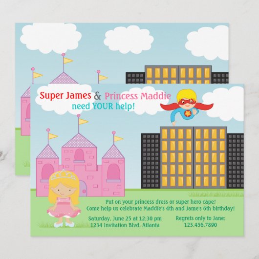 Super Hero en Princess Twins Joint Birthday Party Kaart (Voorkant / Achterkant)