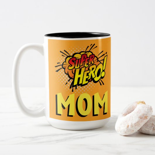 Super Hero Moeder Comic Book Stijl Tweekleurige Koffiemok (Met donut)