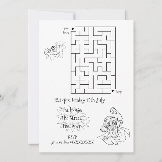 Super Hero Party Invite kleuren in kleur Kaart (Achterkant)