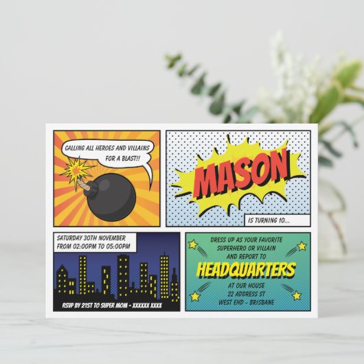 Super Heroes en Villains Kind Birthday Party Kaart (Staand voorkant)