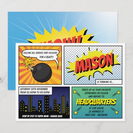 Super Heroes en Villains Kind Birthday Party Kaart (Voorkant / Achterkant)