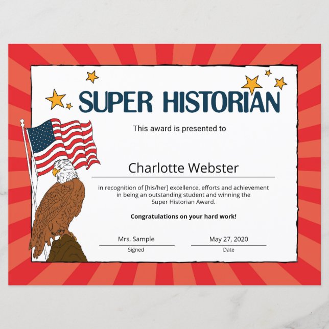 Super Historian Student Recognition-certificaten (Voorkant)