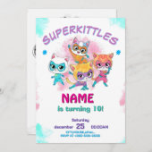 Super Kitties Birthday Invitation Template: Girl Feestdagenkaart (Voorkant / Achterkant)