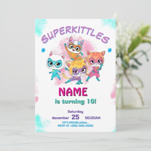 Super Kitties Birthday Invitation Template: Girl Feestdagenkaart (Staand voorkant)