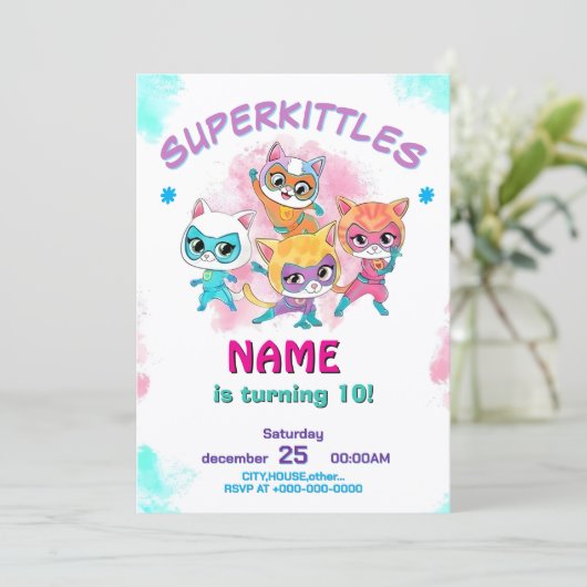 Super Kitties Birthday Invitation Template: Girl Feestdagenkaart (Staand voorkant)
