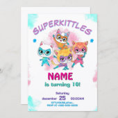 Super Kitties Birthday Invitation Template: Girl Feestdagenkaart (Voorkant / Achterkant)