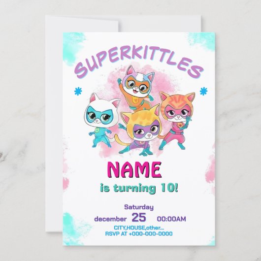Super Kitties Birthday Invitation Template: Girl Feestdagenkaart (Voorkant)