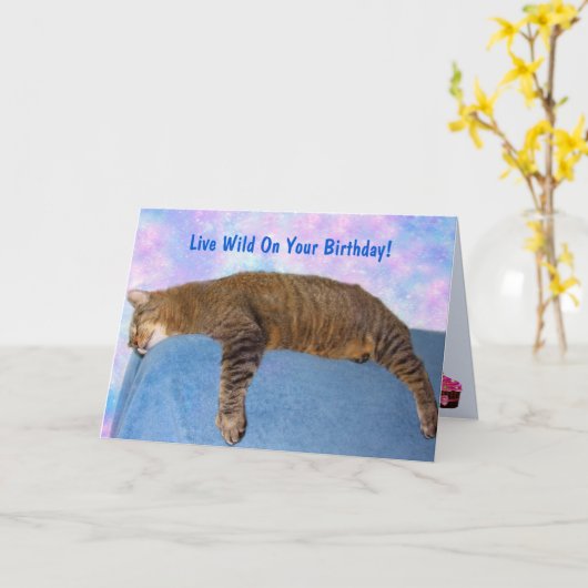 Super Lazy Party Cat Birthday Kaart (Gele Bloem)