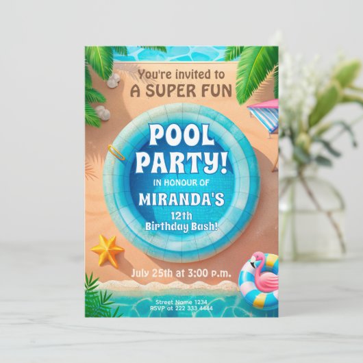Super Leuke Flamingo Pool Party Verjaardag Uitnodi Kaart (Staand voorkant)