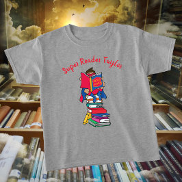 Super lezer cartoon stijl jongen op boeken t-shirt