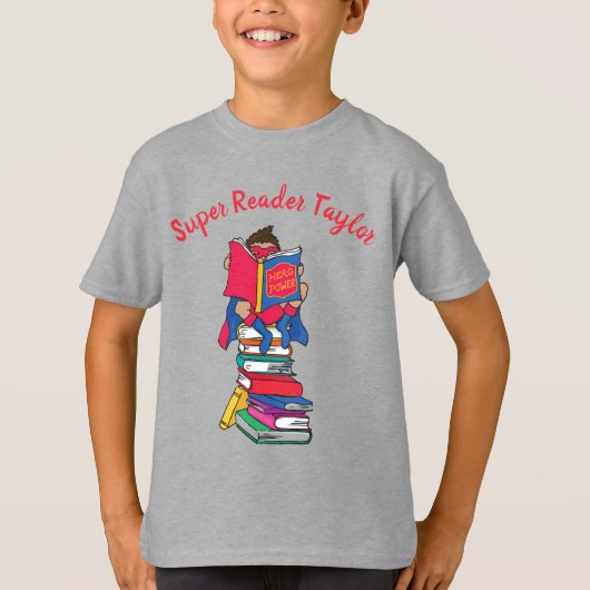 Super lezer cartoon stijl jongen op boeken t-shirt (Voorkant)