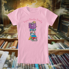 Super lezer cartoon stijl meisje op boeken t-shirt