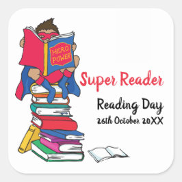 Super lezer jongen op boeken leesdag vierkante sticker