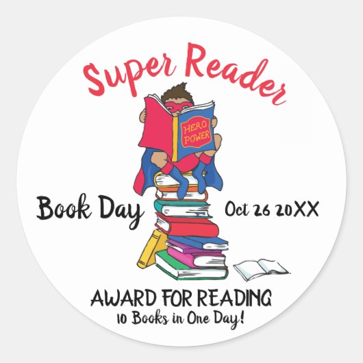Super lezer jongen op boeken lezen boek dag ronde sticker (Voorkant)