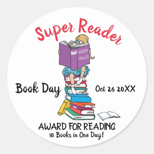 Super lezer meisje op boeken lezen dag award ronde sticker (Voorkant)