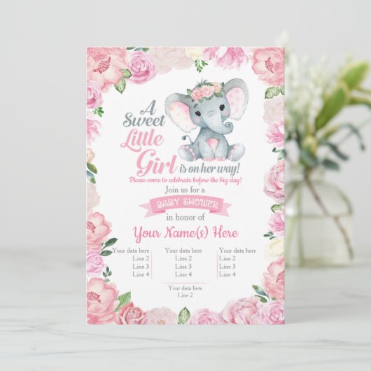 Super Lief Olifant Meisje Uitnodiging, Bloemkaart Kaart (Staand voorkant)