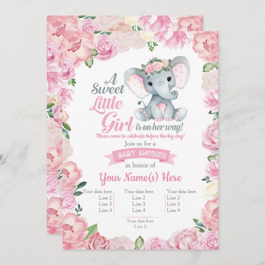 Super Lief Olifant Meisje Uitnodiging, Bloemkaart Kaart (Voorkant / Achterkant)