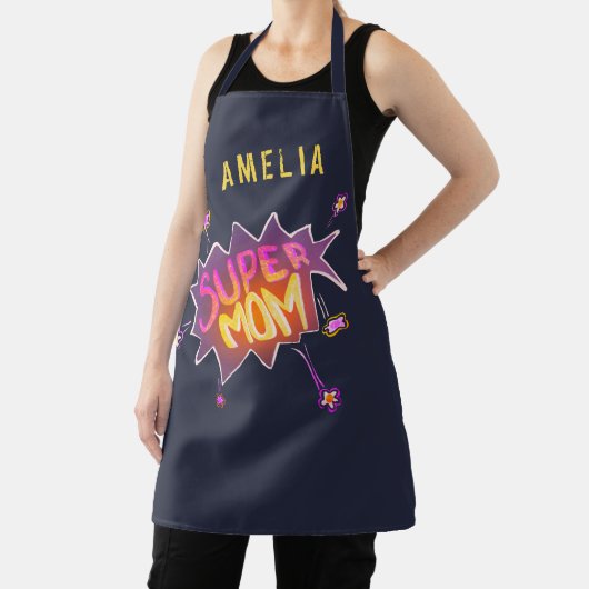 Super mam Neon Comic Bubble Flower Moeder Day Schort (Insitu)