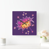 Super mam Roze Neon Flower Comic Bubble Vierkante Klok (Huis)