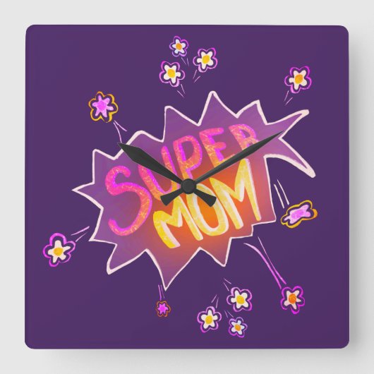 Super mam Roze Neon Flower Comic Bubble Vierkante Klok (Voorkant)