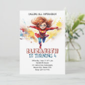 Super meisje waterverf kinderen verjaardagsuitnodi kaart (Staand voorkant)