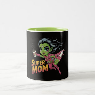 Super Moeder Alien Held Chibi Vector Cartoon Tweekleurige Koffiemok