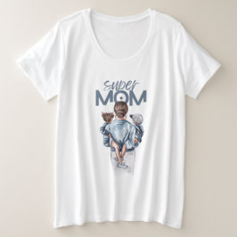 Super Moeder Blauwe Waterverf Moeder en Kinderen K Grote Maat T-shirt