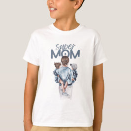 Super Moeder Blauwe Waterverf Moeder en Kinderen K T-shirt
