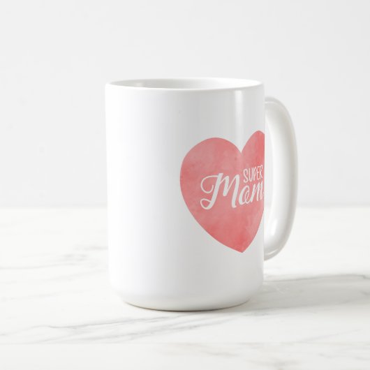 Super moeder in roze waterverf hart, moederdag koffiemok (Voorkant rechts)