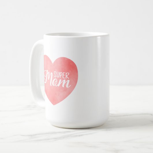 Super moeder in roze waterverf hart, moederdag koffiemok (Voorkant links)
