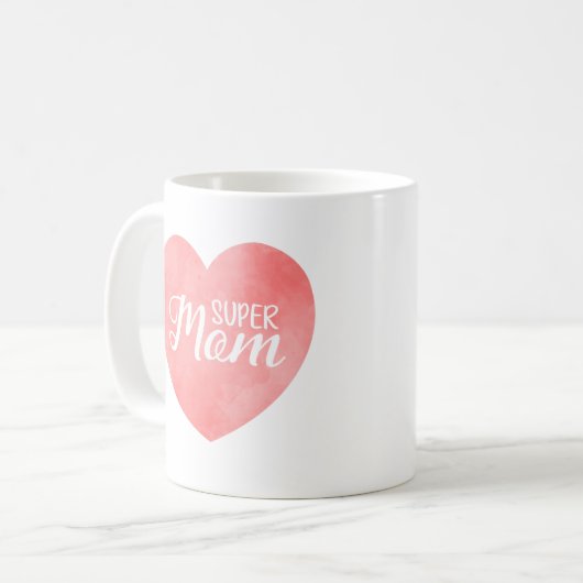 Super moeder in roze waterverf hart, moederdag koffiemok (Voorkant links)