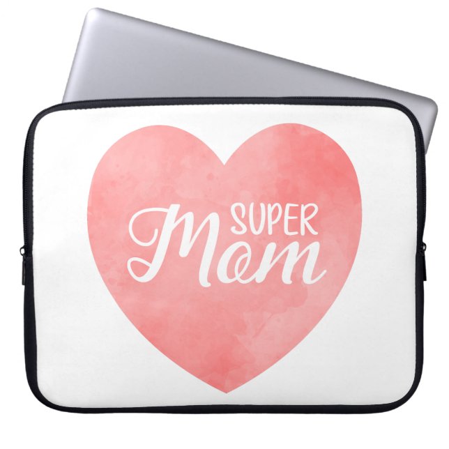 Super moeder in roze waterverf hart, moederdag laptop sleeve (Voorkant)