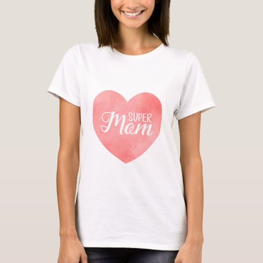Super moeder in roze waterverf hart, moederdag t-shirt (Voorkant)