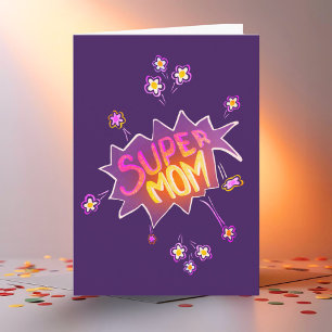 Super Moeder Roze Neon Bloem Comic Bubbel  Kaart