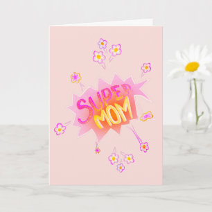 Super Moeder Roze Neon Bloem Stripspraatwolk Kaart